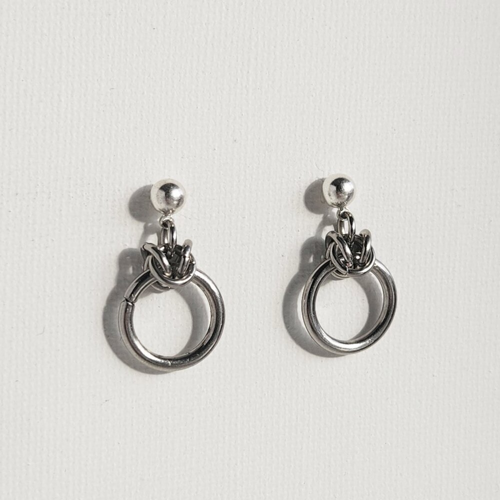 Gothic medieval style chain mail silver circle hoop earrings